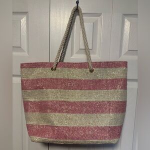Pink and Cream Striped with Gold Specs Tote Bag
